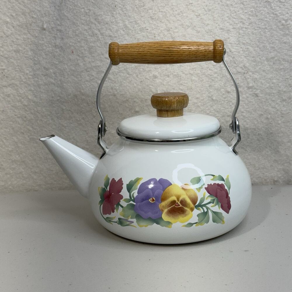 VTG Lincoware White Enamel Metal Tea Pot Kettle Pansy Wildflowers Wood Handles